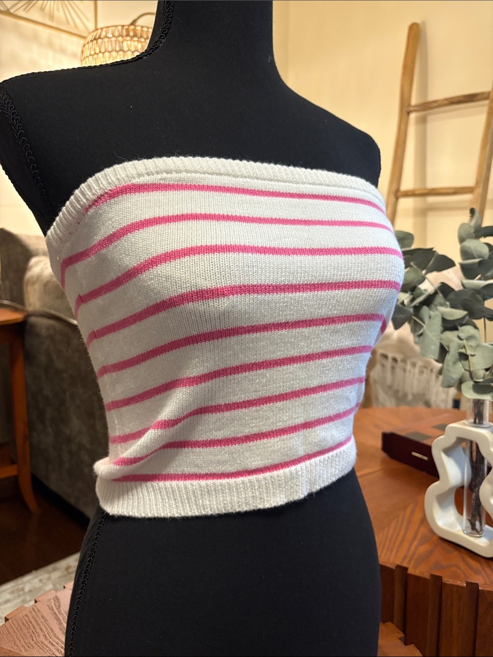 Women's White and Pink Striped Strapless Crop Tube Top
